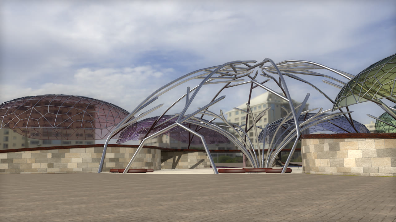 3D-Rendering der Messelocation — Detailansicht Bühnenbereich