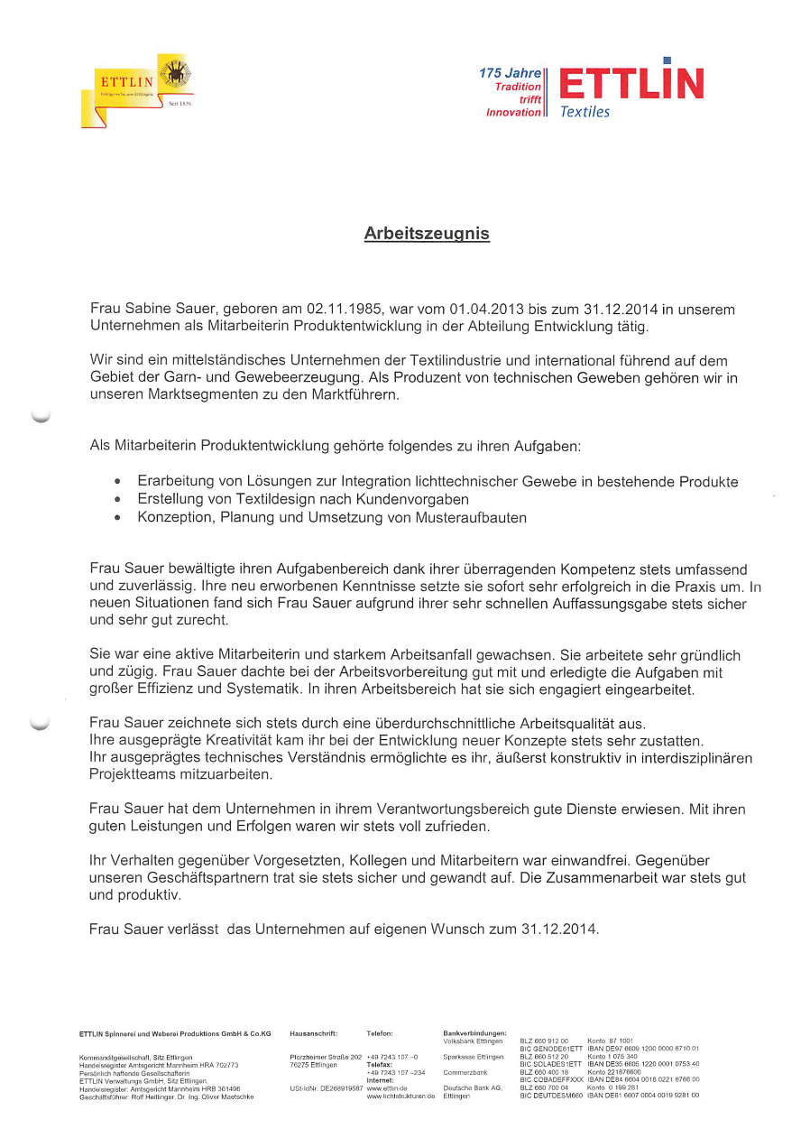 ETTLIN Spinnerei und Weberei — Arbeitszeugnisse