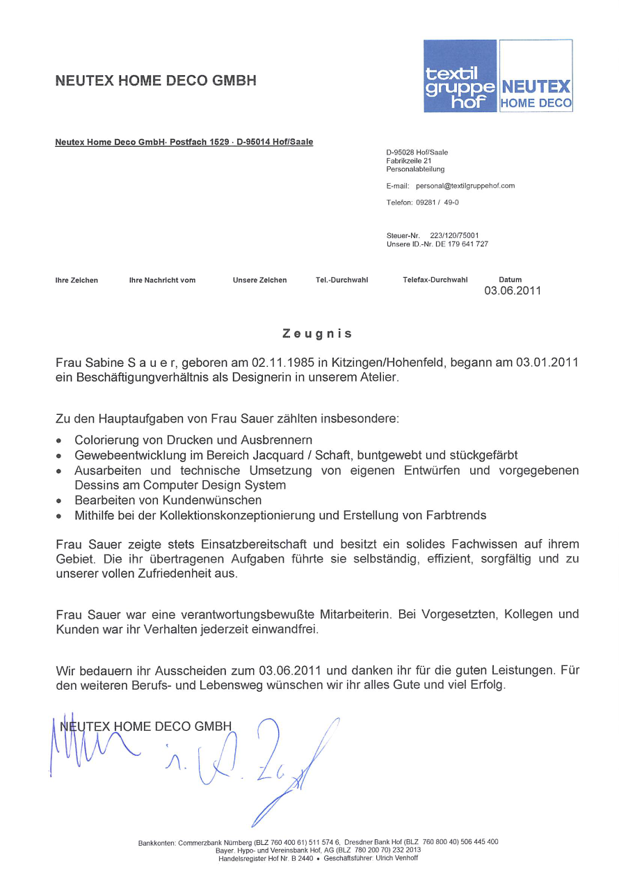 Neutex HOME DECO GmbH — Arbeitszeugnisse