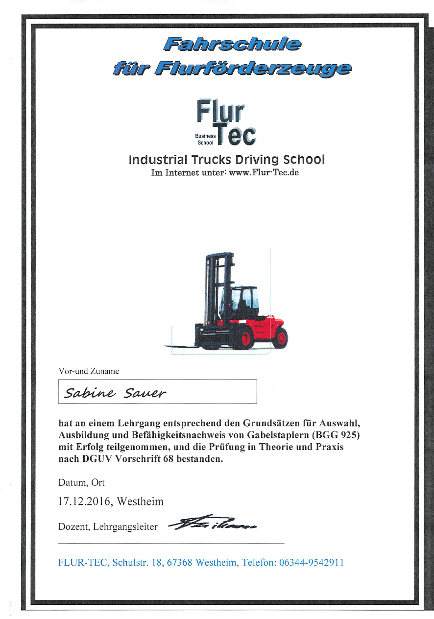 Flurförderfahrzeuge (Staplerschein) — Zertifikate & Weiterbildungen