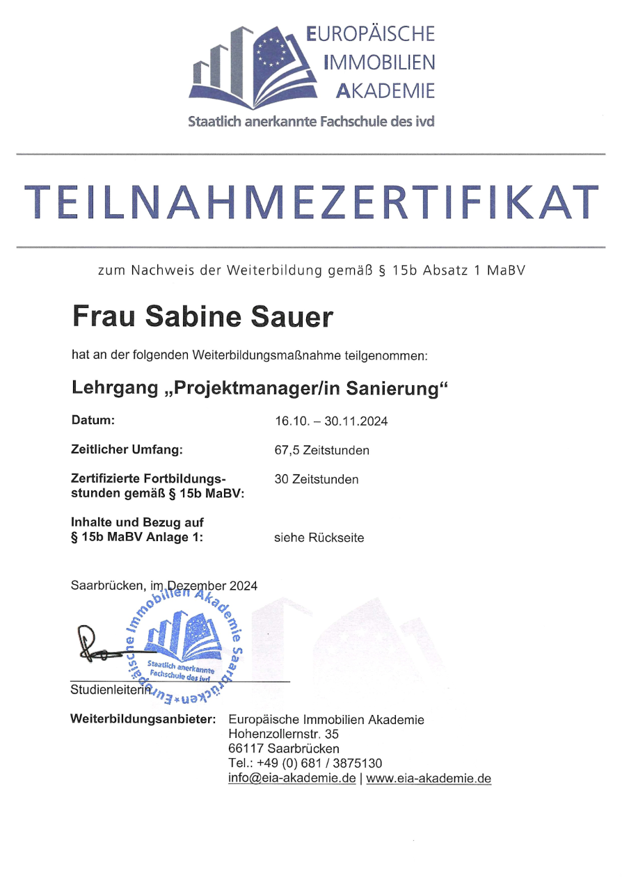IHK — Projektmanagerin Sanierung (Teilnahme) — Zertifikate & Weiterbildungen