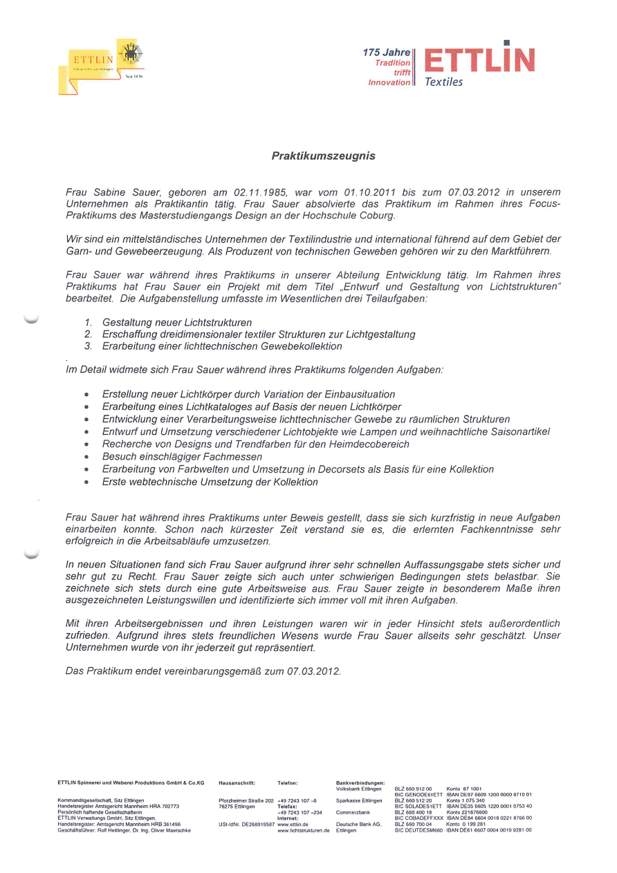 ETTLIN — Praktikum — Arbeitszeugnisse