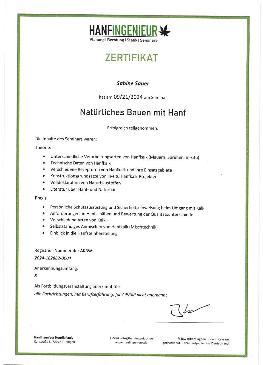 Natürliches Bauen mit Hanf — Zertifikate & Weiterbildungen